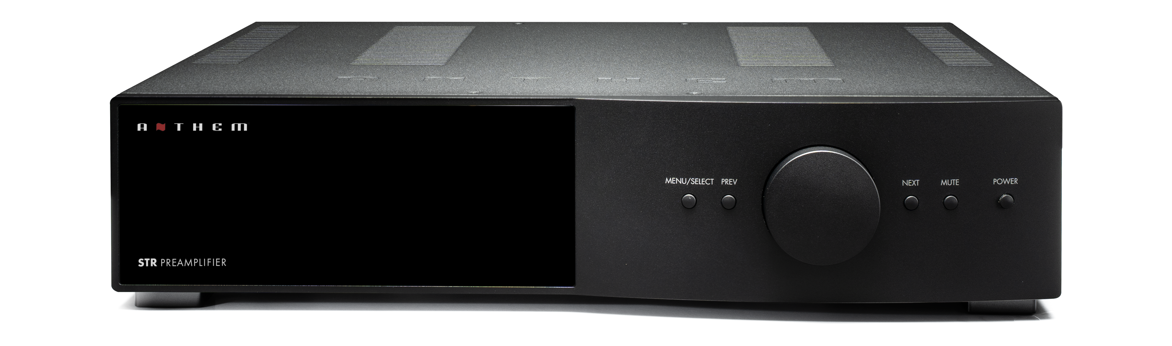Anthem STR Preamplifier v černém provedení zepředu — grafický displej a otočný ovladač
