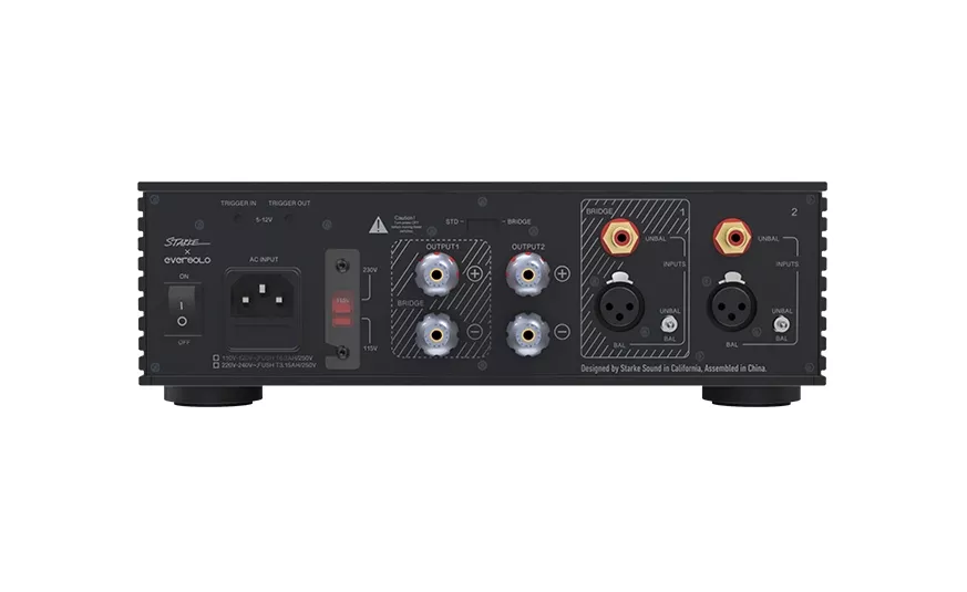 Zadní panel EverSolo AMP-F2 se vstupními konektory RCA a XLR, výstupními svorkami a triggerovými porty