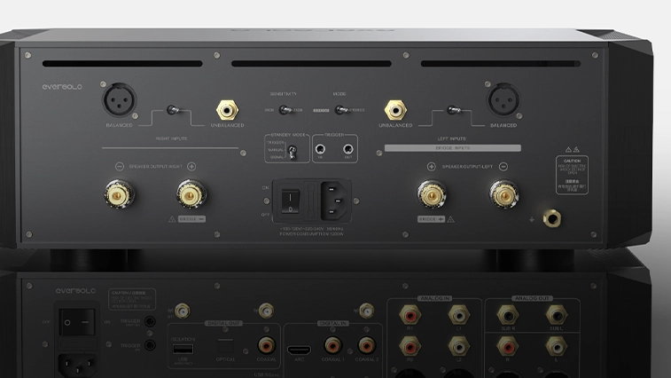 EverSolo AMP-F10 — zadní panel zesilovače s XLR a RCA vstupy, reproduktorovými terminály, přepínači bridge/stereo a gain