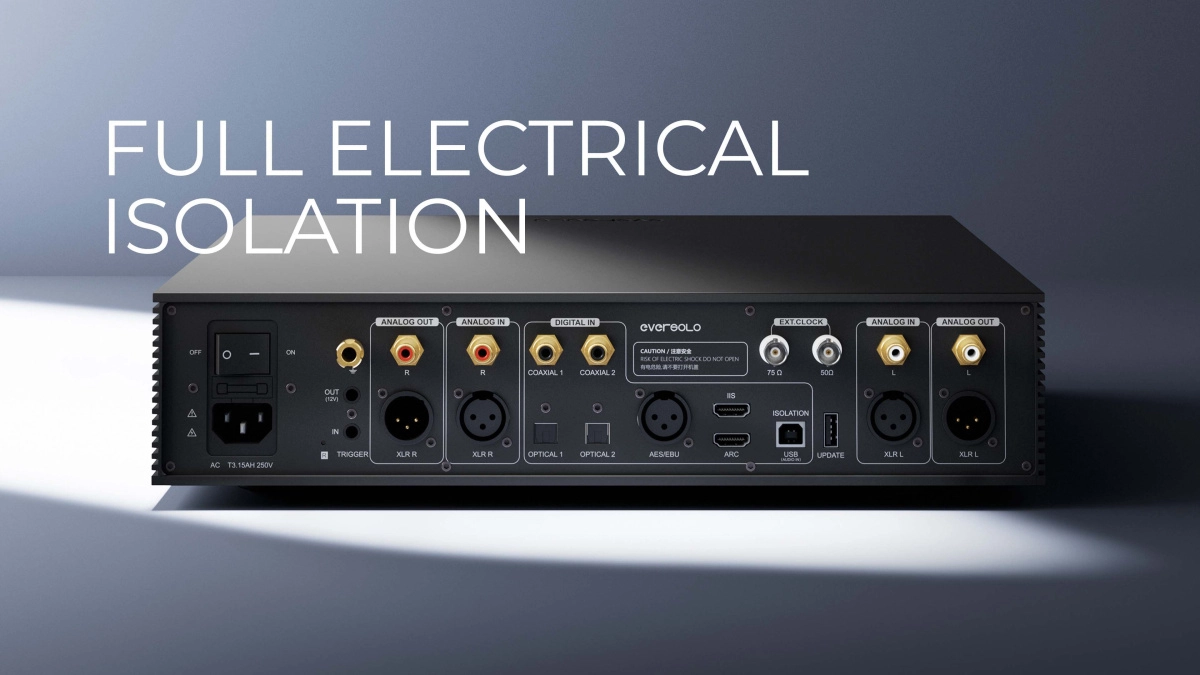 Eversolo DAC-Z10 — zadní panel se všemi vstupy a výstupy, text Full Electrical Isolation