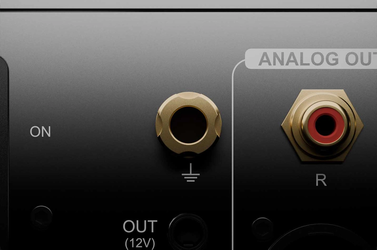Detail zadního panelu Eversolo DAC-Z10 — headphone jack a RCA výstup se zlatými konektory