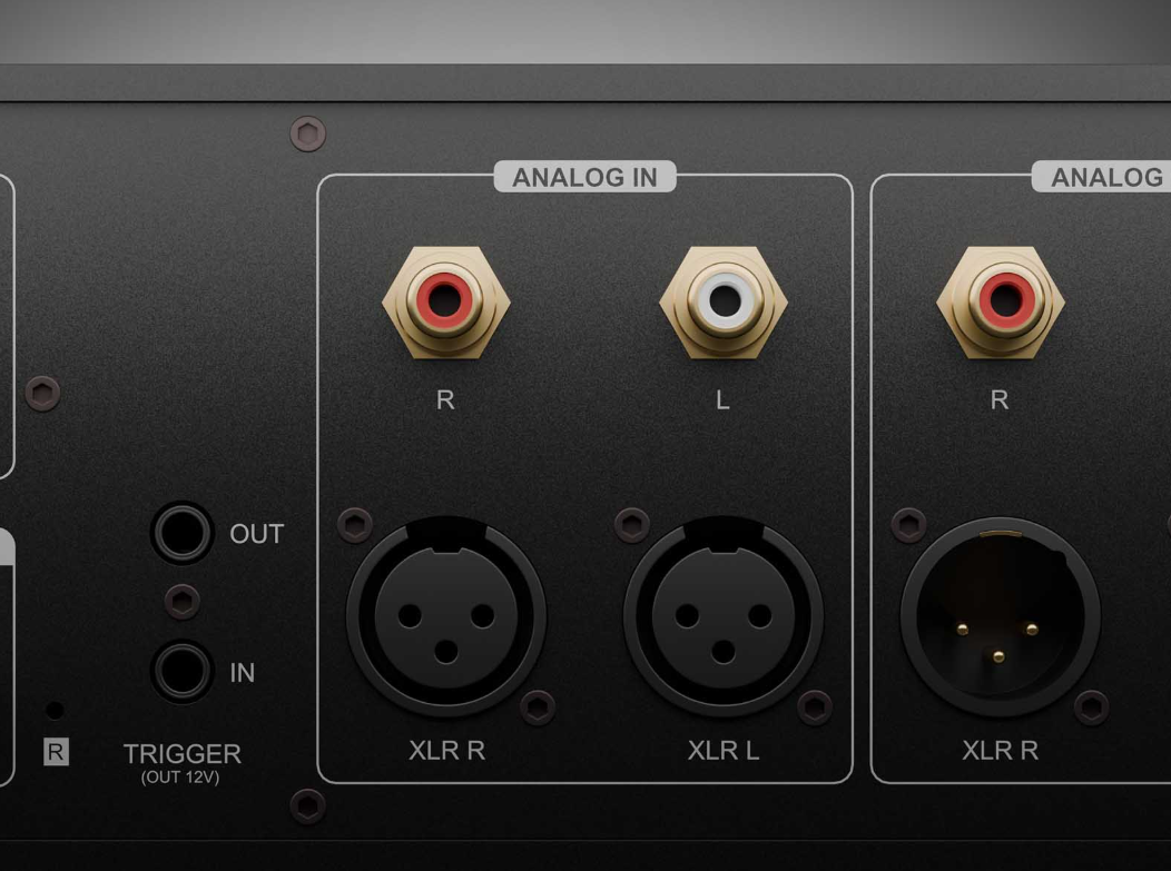 Detail zadního panelu s popsanými analogovými vstupy RCA a XLR a konektorem trigger