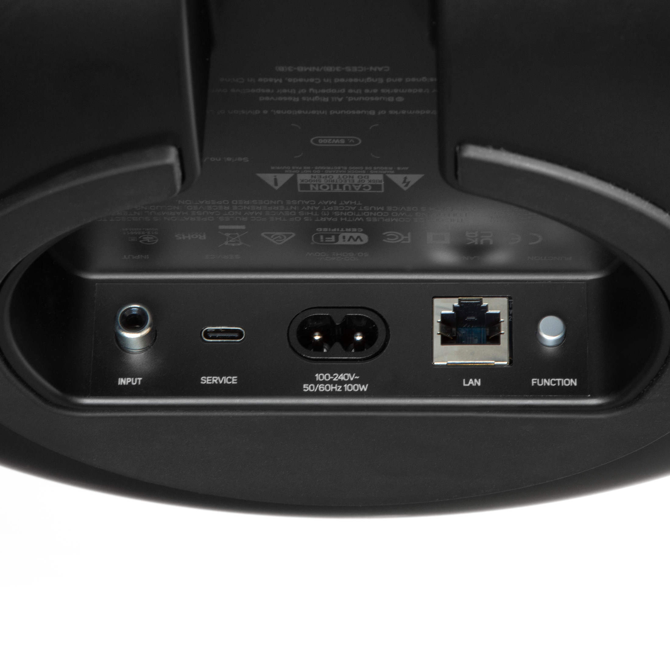 Detail konektorového panelu Bluesound PULSE SUB s linkovým vstupem RCA, servisním portem USB-C, síťovým portem LAN, tlačítkem FUNCTION a napájecím konektorem