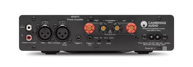 Zadní panel Cambridge Audio MXW70 s RCA a XLR vstupy, reproduktorovými terminály a přepínačem režimu