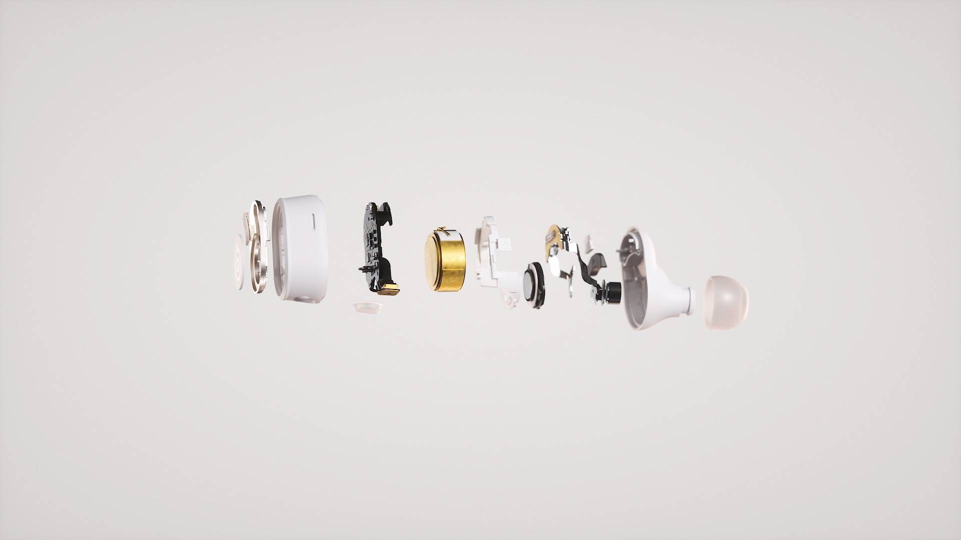 Rozložený pohled na sluchátko Devialet Gemini II — 10mm titanový měnič, mikrofony a baterie