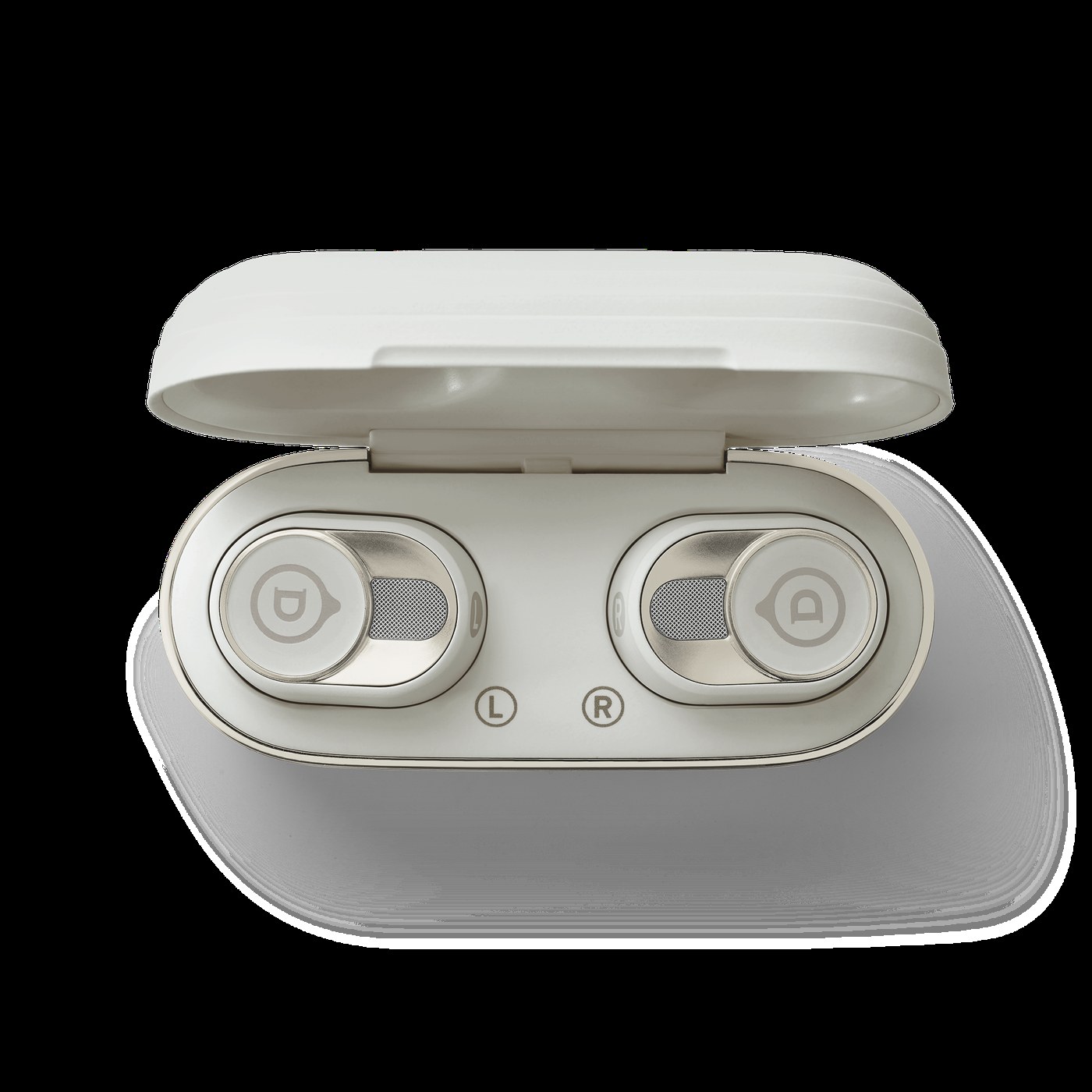 Otevřené nabíjecí pouzdro Devialet Gemini II Light Pearl se sluchátky uvnitř