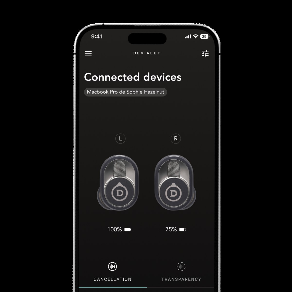 Aplikace Devialet Gemini na iPhonu — přehled připojených zařízení a stav baterie sluchátek