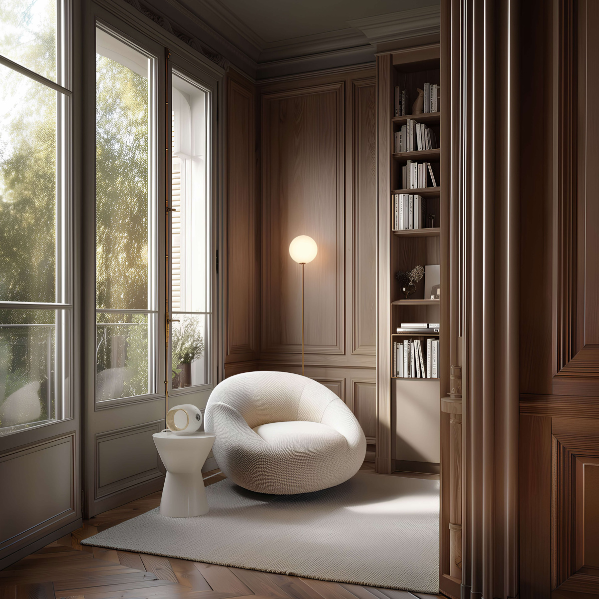 Devialet Phantom Ultimate samostatně v čtecím zákoutí u okna s knihovnou