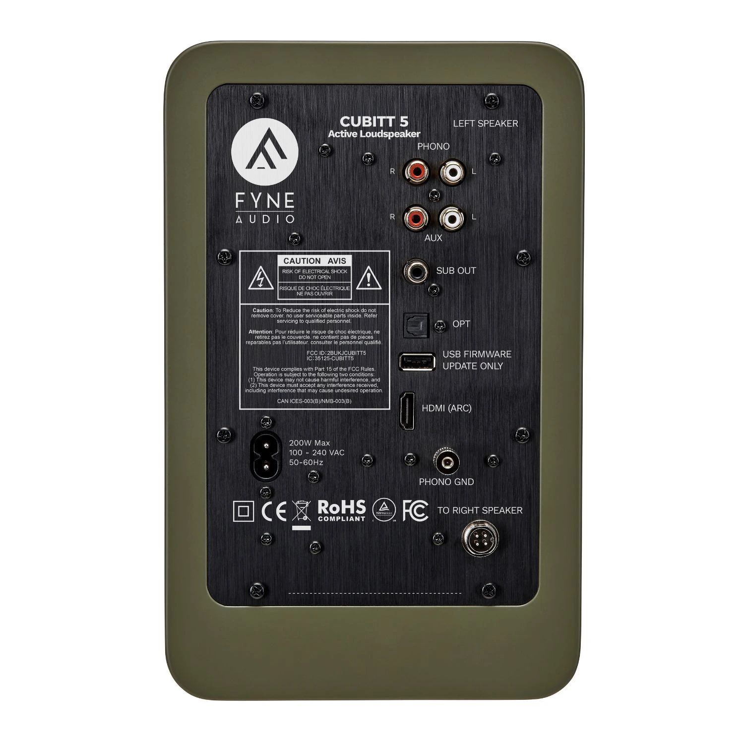 Zadní panel primární skříně Fyne Audio Cubitt 5 s phono a Aux vstupy RCA, výstupem pro subwoofer, optickým vstupem, HDMI ARC, USB a konektorem k druhé skříni