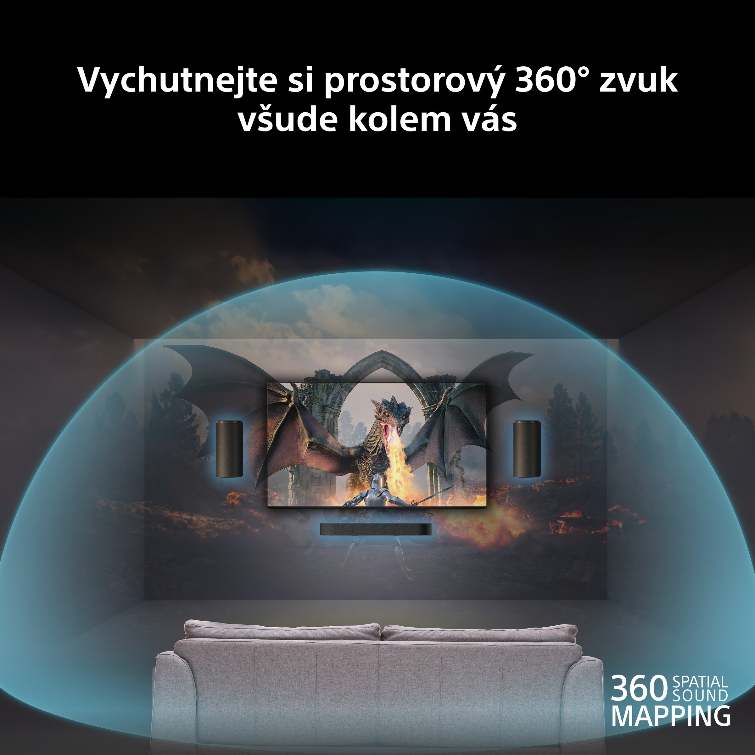 Sony BRAVIA Theatre Trio — soundbar v centrální pozici pod TV, dva zadní reproduktory a subwoofer v obývacím pokoji