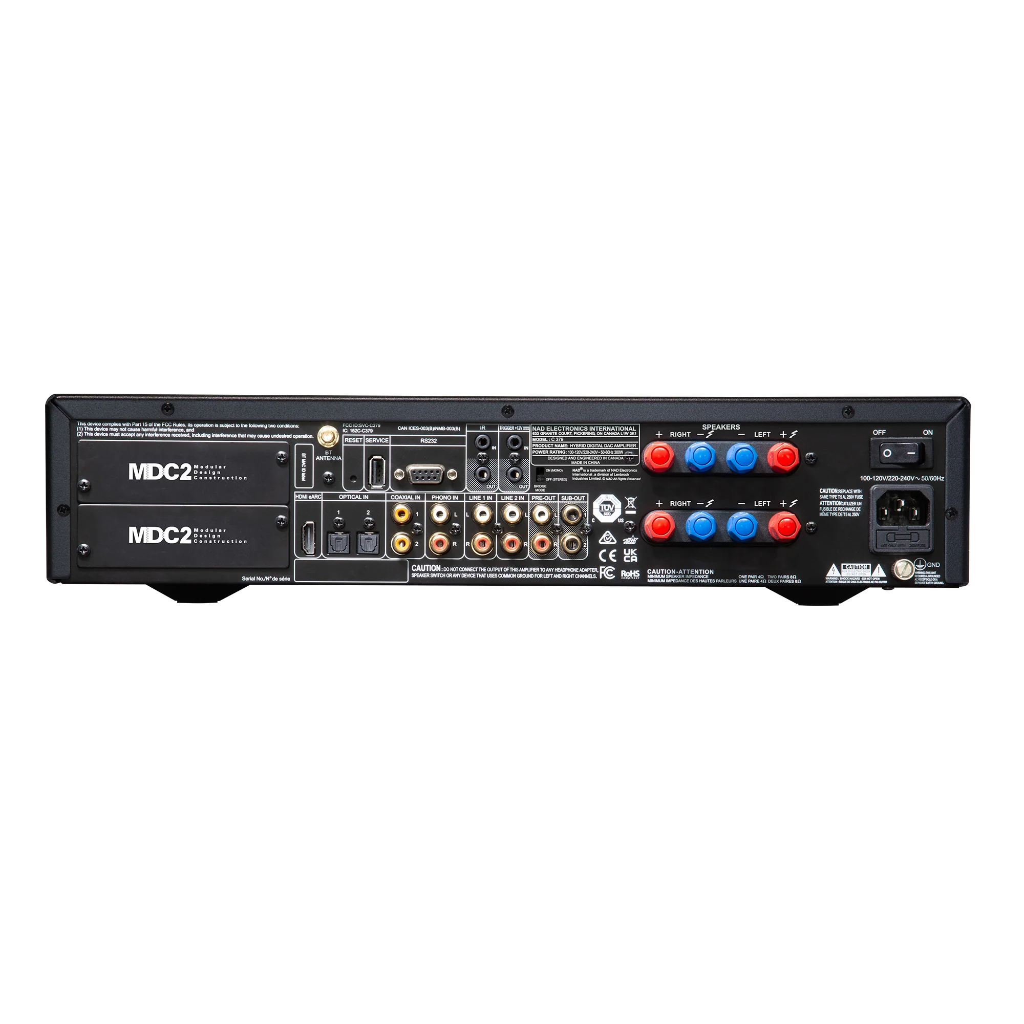Zadní panel NAD C 379 se dvěma sloty MDC2, vstupy RCA, phono a reproduktorovými terminály