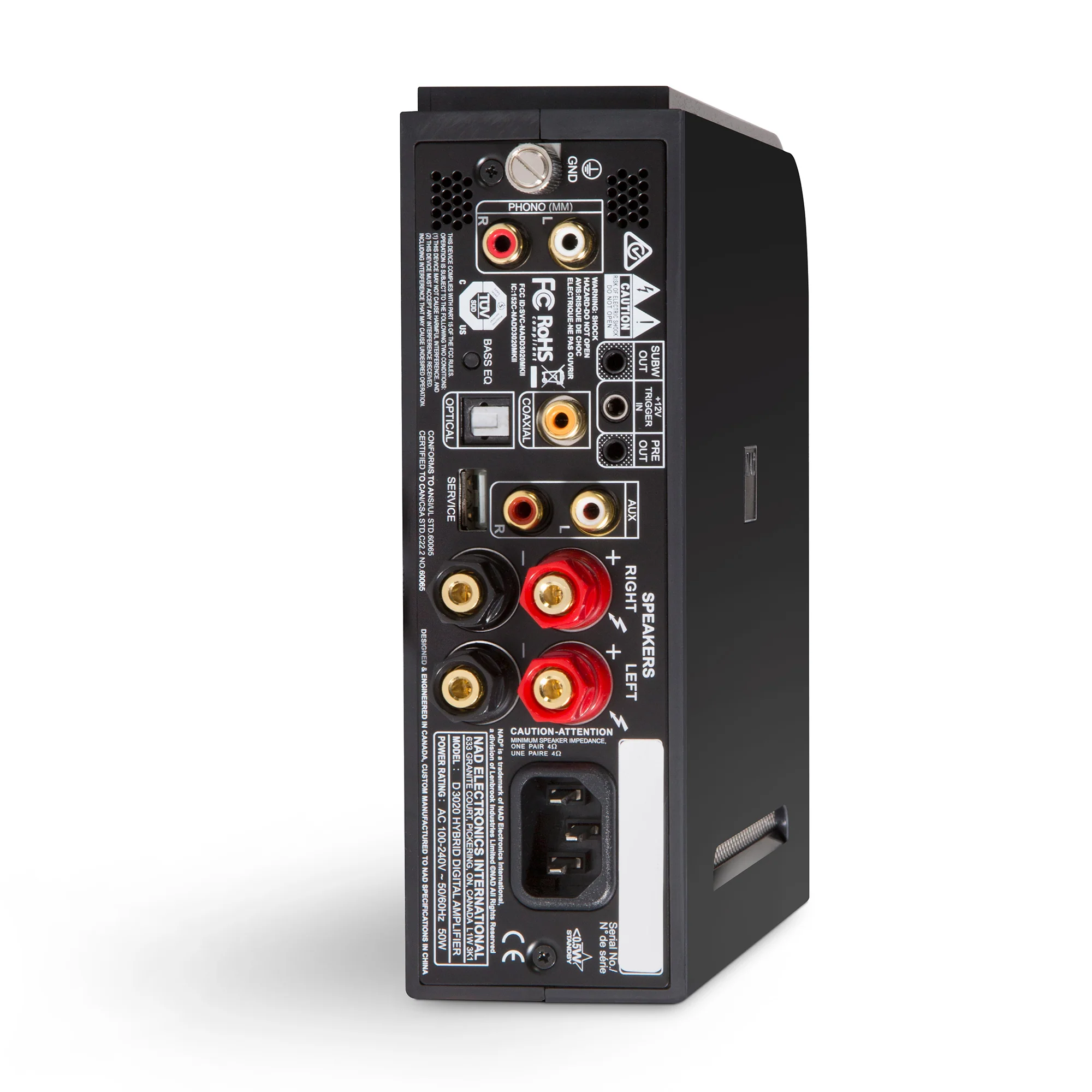 NAD D 3020 V2 — zadní panel se vstupy a výstupy: phono MM, optický, koaxiální, AUX a reproduktorové terminály