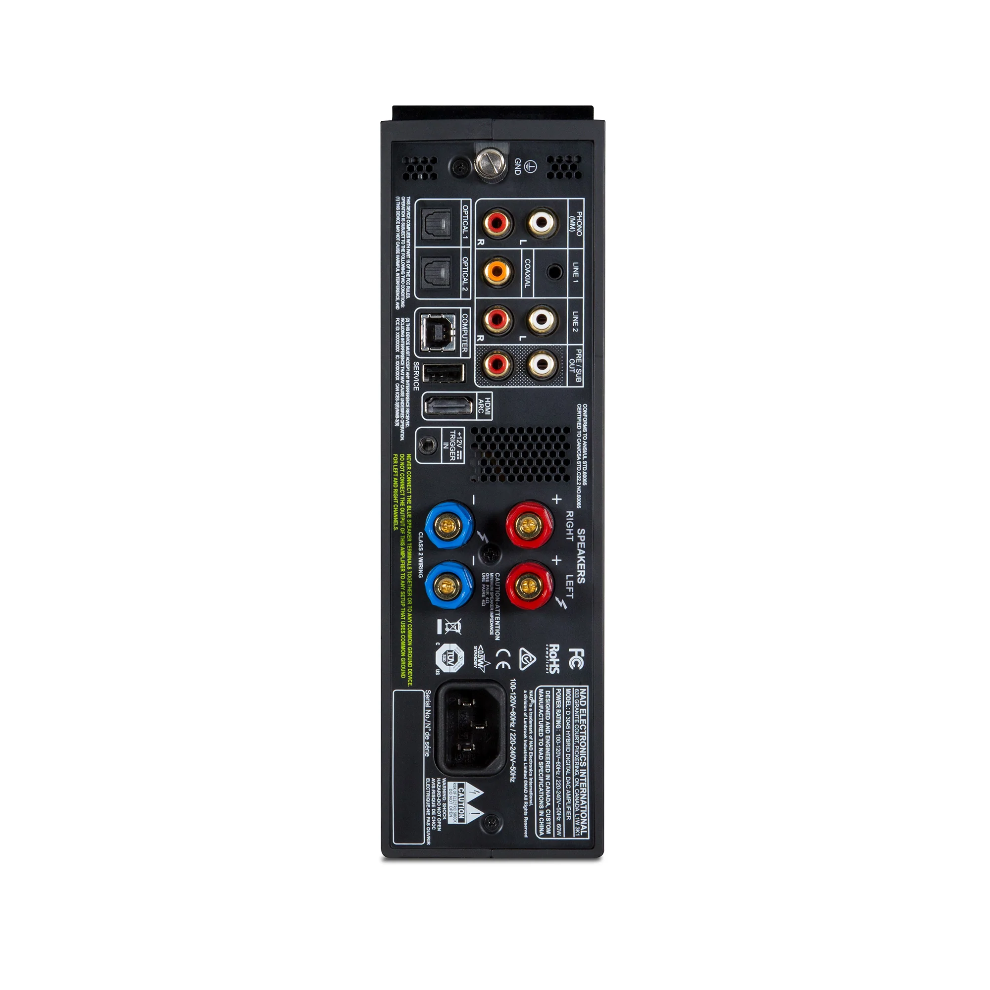 Zadní panel NAD D 3045 s HDMI ARC, USB, optickými a koaxiálním digitálním vstupem a phono MM vstupem
