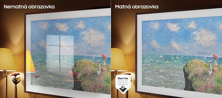 Televizor Samsung The Frame na designovém stojanu Studio Stand uprostřed obytného prostoru