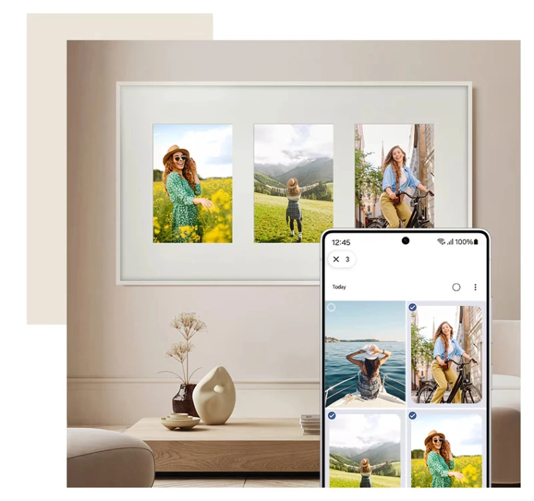 Vlastní rodinné fotografie zobrazené v rámu na televizoru The Frame Pro přes aplikaci SmartThings