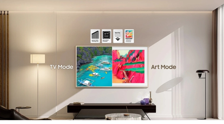 Detail obrazu na panelu Neo QLED The Frame Pro zdůrazňující hloubku kontrastu a sytost barev