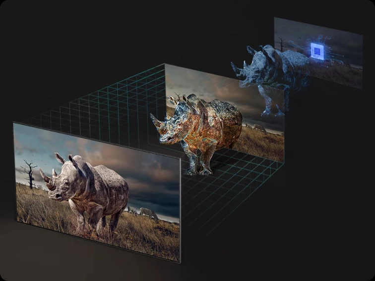Schéma zpracování obrazu na televizoru Samsung QE65S95F — nosorožec vystupuje z 2D obrazu do prostorového 3D efektu díky AI procesoru