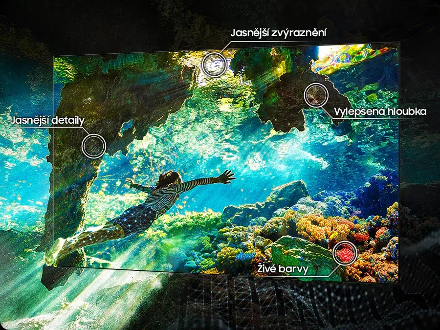 Podmořská scéna na televizoru Samsung QE75QN70F zdůrazňující detail a barvy díky 4K AI Upscaling