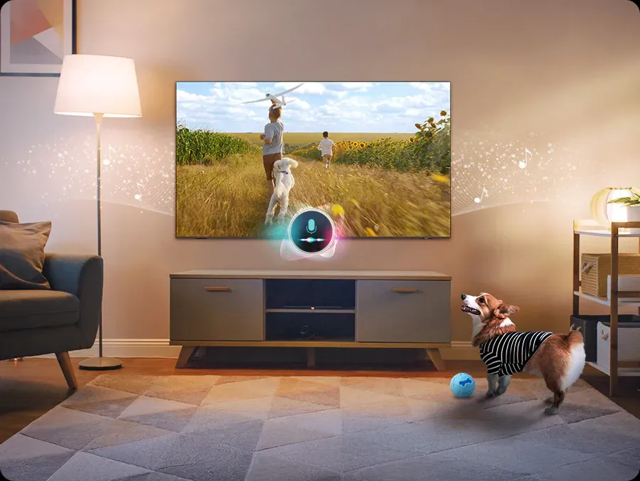 Televizor Samsung QE75QN70F v obývacím pokoji se psem během funkce péče o domácí mazlíčky