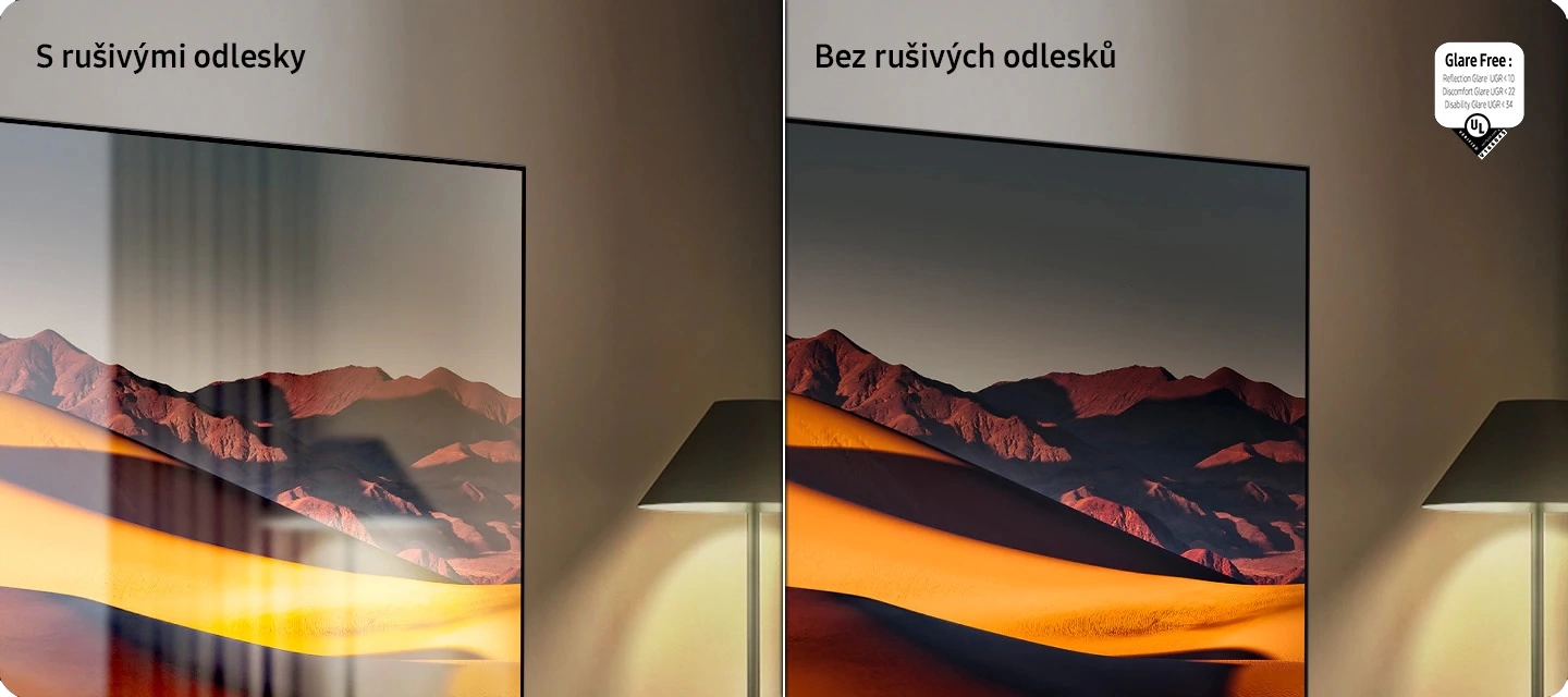 Matná antireflexní obrazovka televizoru Samsung QE85QN90F v jasně osvětleném obývacím pokoji
