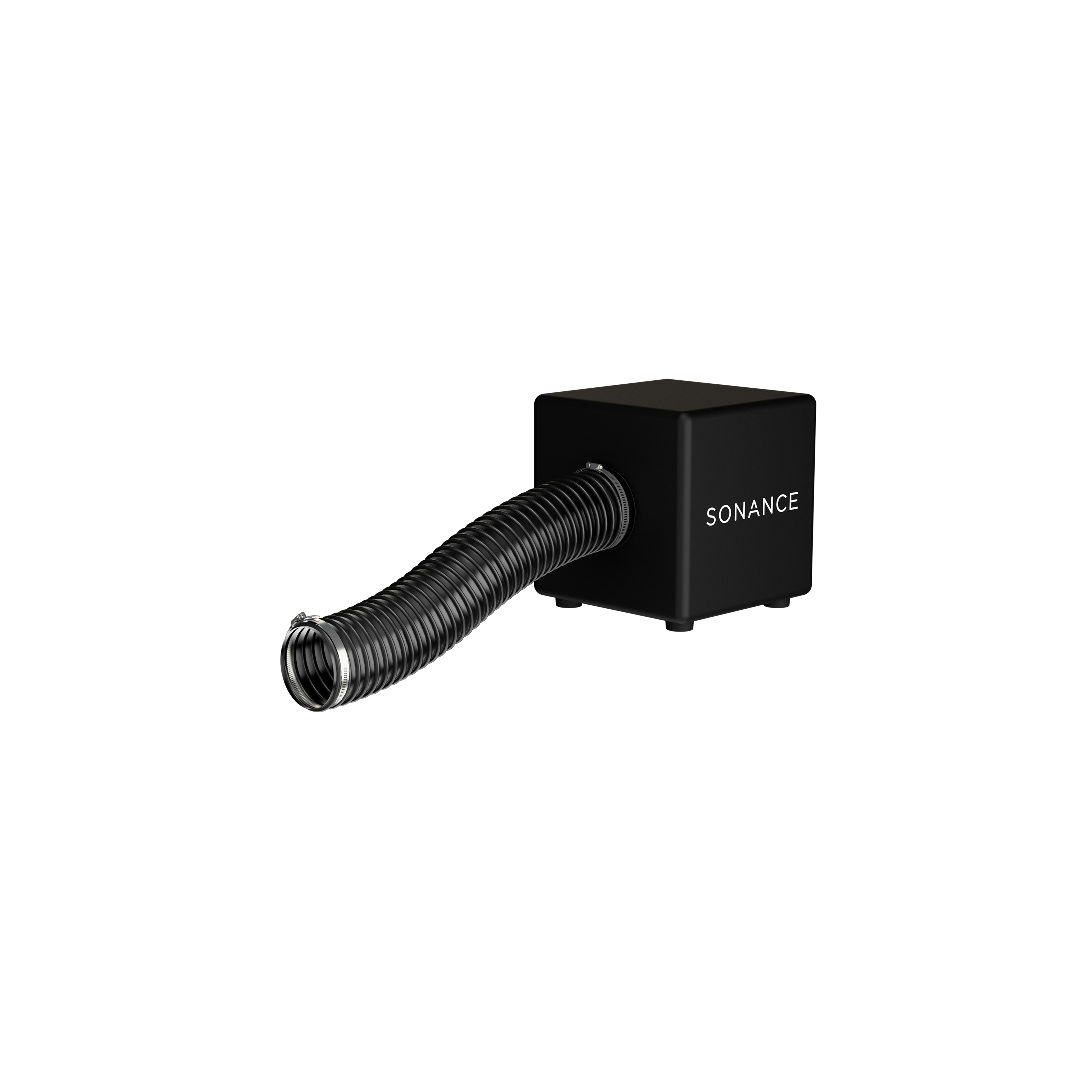 Subwoofer Sonance PPX8 šikmo zprava, ohebná trubice míří dopředu a je vidět do jejího ústí