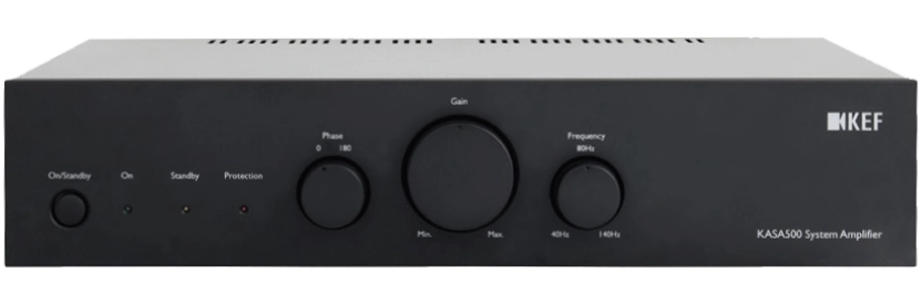 Čelní panel černého zesilovače KEF KASA500 s tlačítkem On/Standby, indikátory On, Standby a Protection a otočnými ovladači Phase, Gain a Frequency