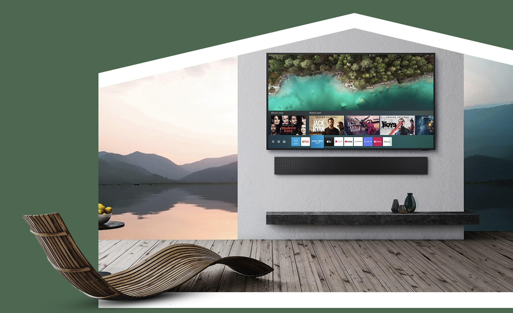 Samsung The Terrace na venkovní terase ve stinném prostředí pod pergolou