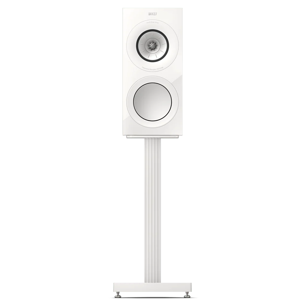 Stojan KEF S3 Mineral White s bílým reproduktorem KEF R3 Meta, čelní pohled