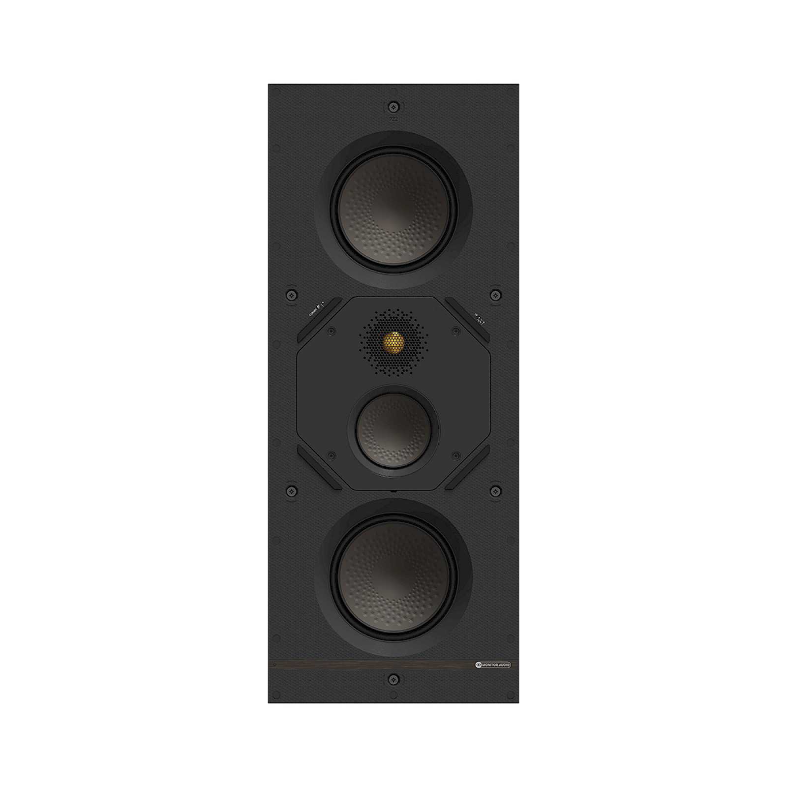 Monitor Audio W2M zepředu bez mřížky – dva basové měniče RST II nahoře a dole, uprostřed oktagonální modul se středobasovým měničem RST II a výškovým měničem C-CAM v UD Waveguide II