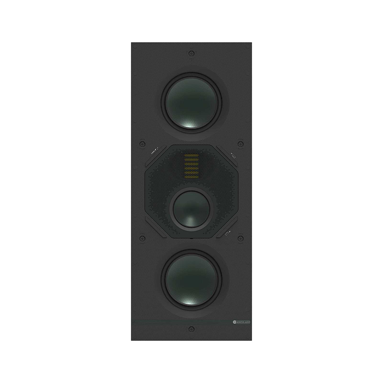 Čelní pohled na Monitor Audio W3M bez mřížky – dva basové měniče RDT III nahoře a dole, uprostřed středový měnič C-CAM a výškový transduktor MPD II