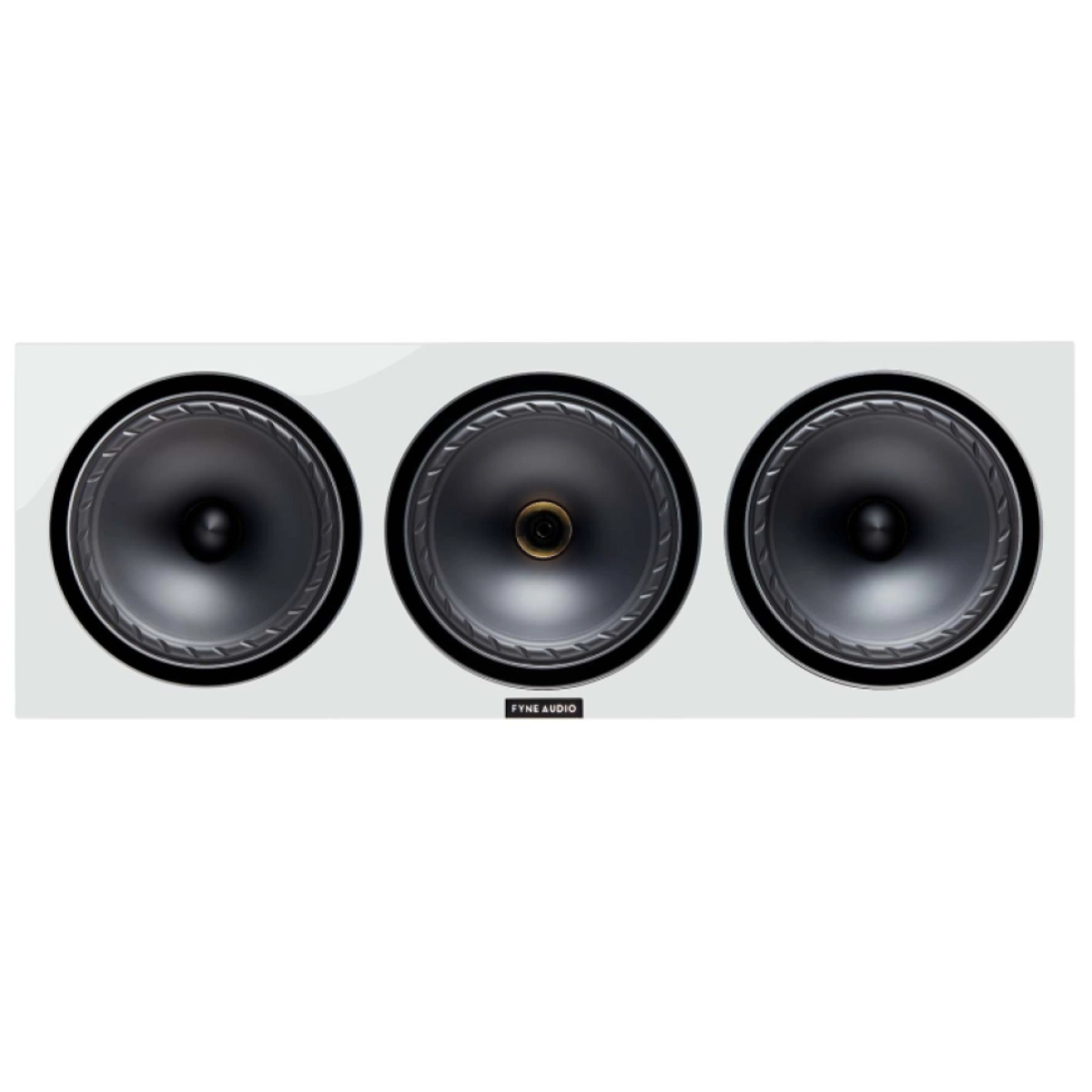 Fyne Audio F57SP-6 v bílém provedení, čelní pohled na tři měniče s koaxiálním IsoFlare uprostřed