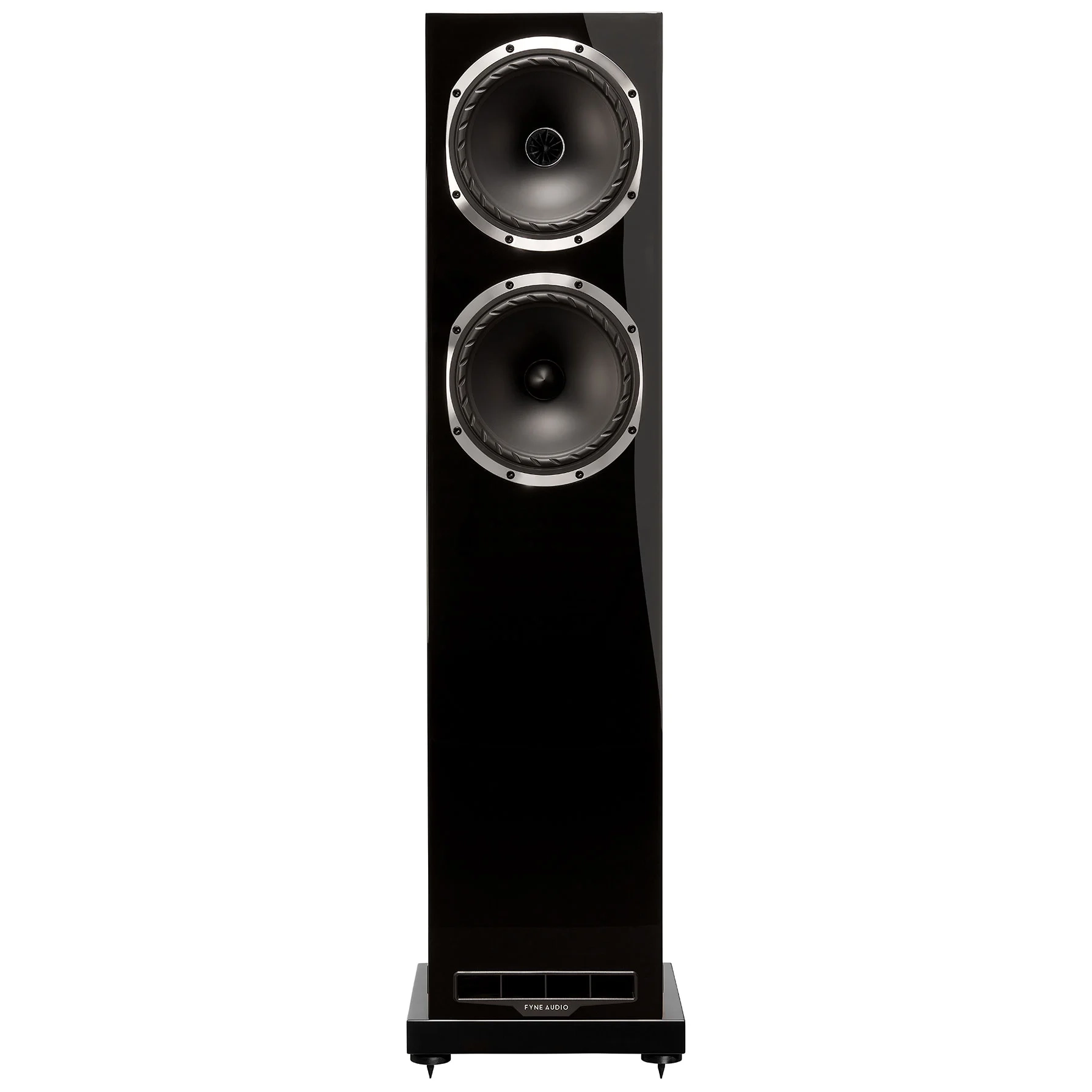 Detail bodového měniče IsoFlare reproduktoru Fyne Audio F500S v černém klavírním laku