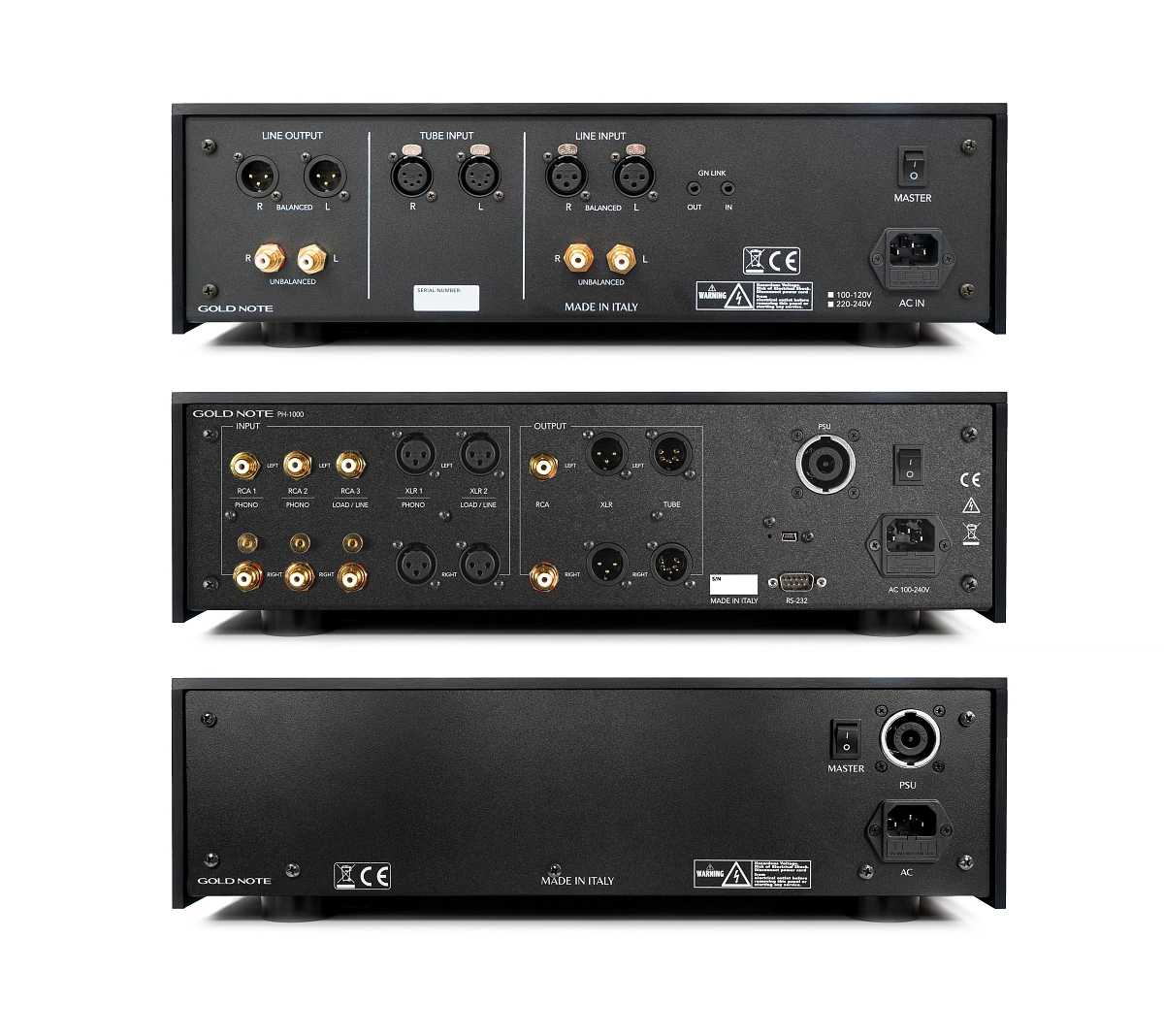 Detail zadního panelu Gold Note PH-1000 LINE se vstupy a výstupy RCA, XLR a lampovými
