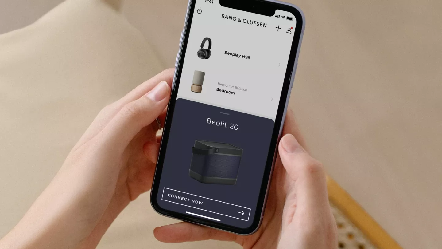 Ovládání reproduktoru Beolit 20 v aplikaci Bang & Olufsen na telefonu