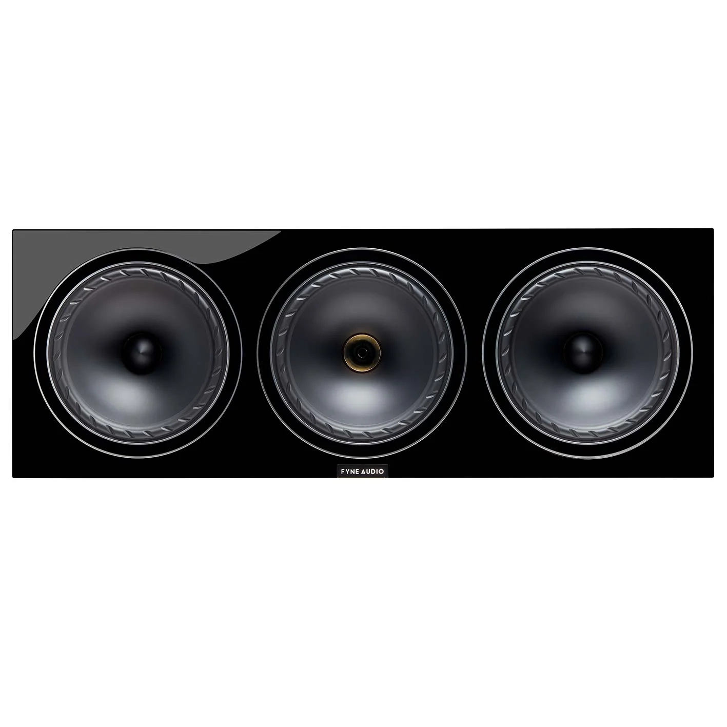 Čelní pohled na černou centrální reprosoustavu Fyne Audio F57SP-8 se sejmutou mřížkou, koaxiální měnič IsoFlare uprostřed mezi dvěma basovými měniči
