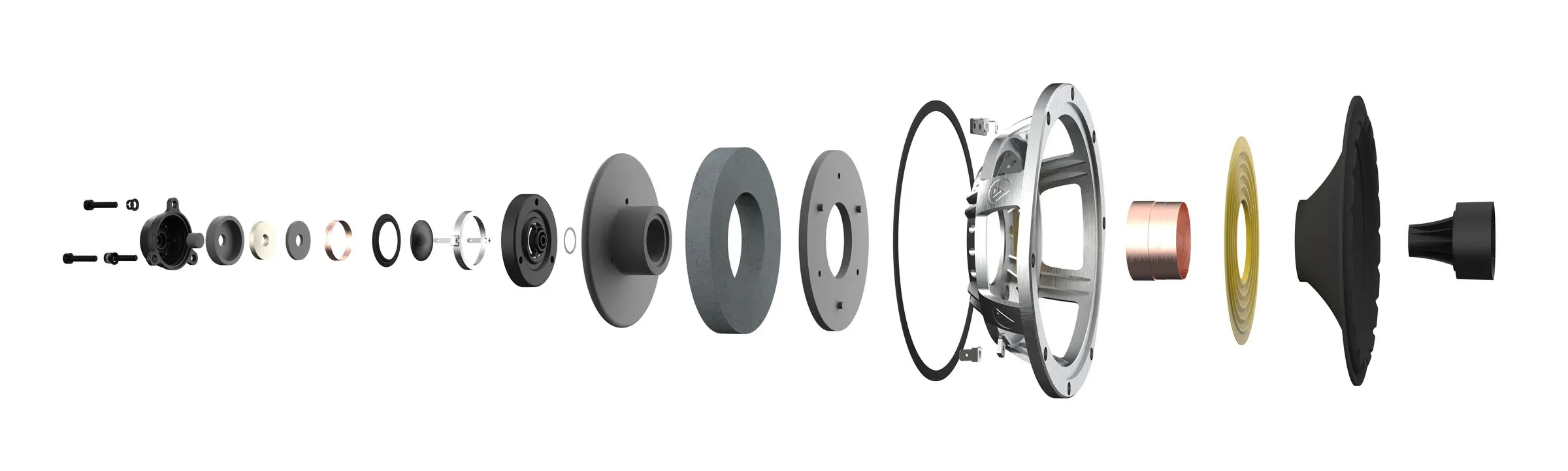 Rozložený pohled na komponenty bodového měniče IsoFlare Fyne Audio F5S — membrána, magnet a koš měniče