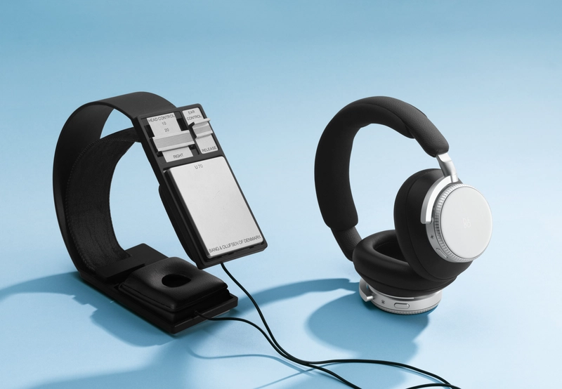 Sluchátka Beoplay H100 položená na designové ploše, pohled shora