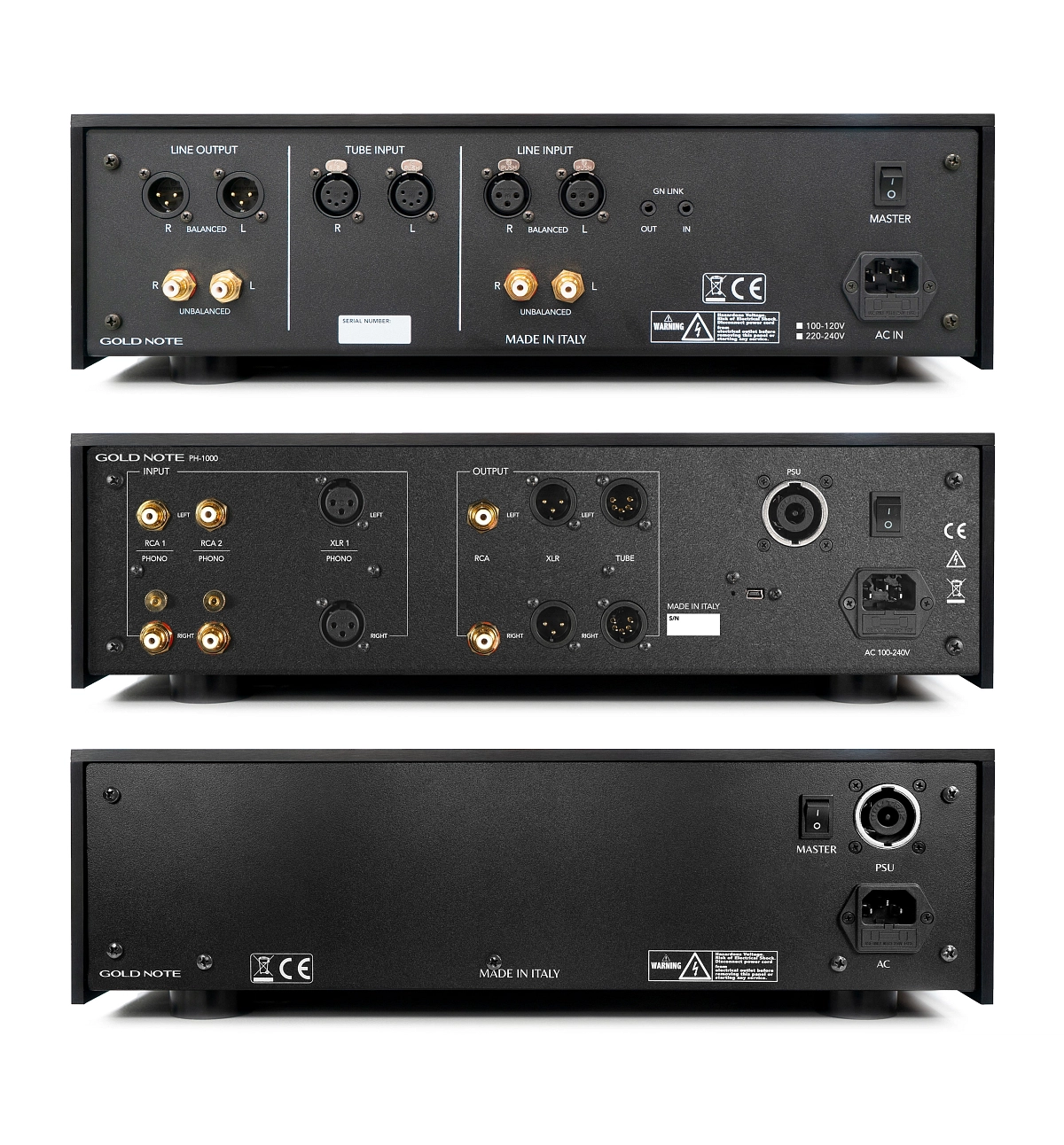 Detail zadního panelu Gold Note PH-1000 LITE se vstupy a výstupy RCA, XLR a lampovými