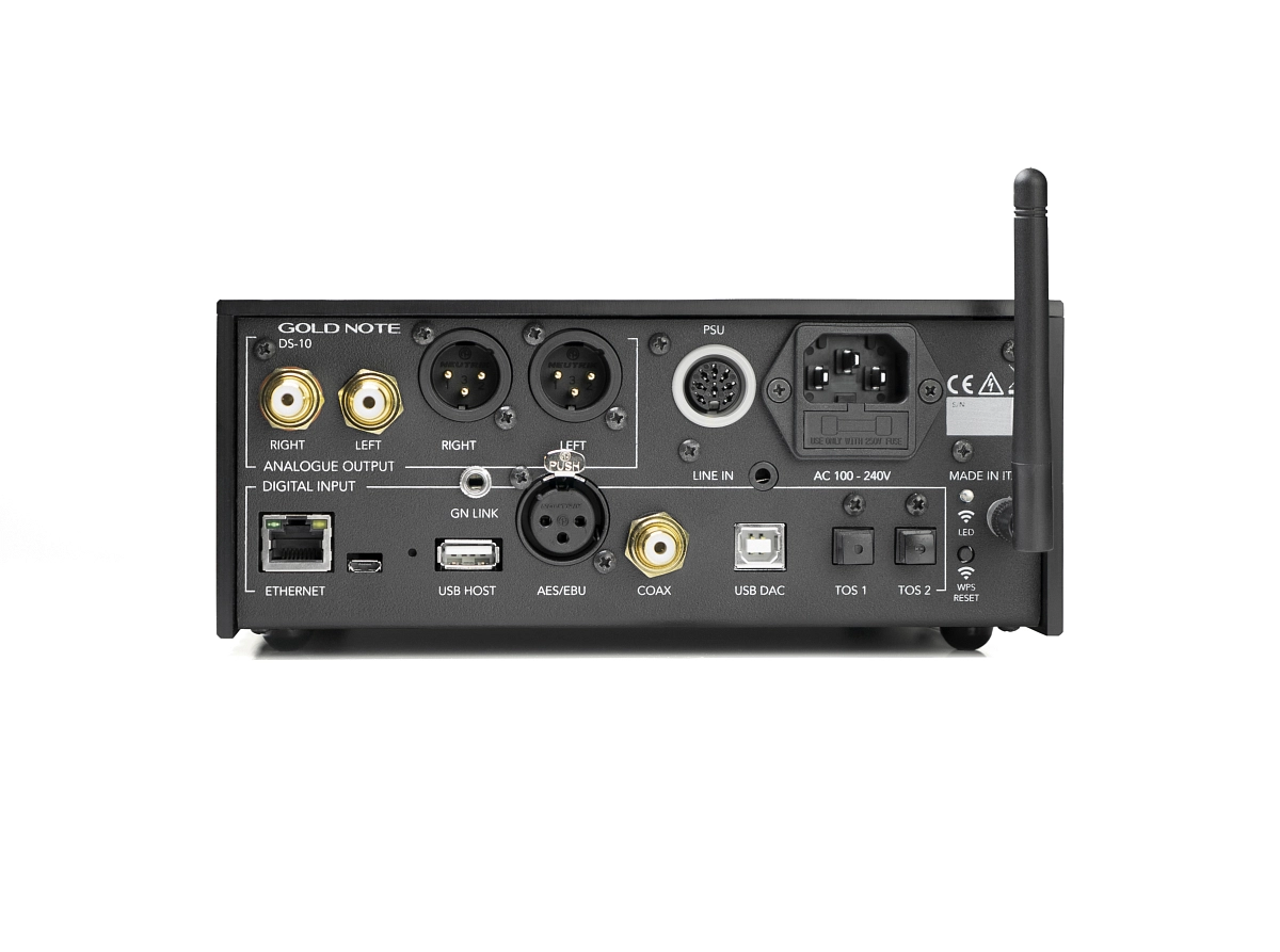 Zadní panel Gold Note DS-10 EVO s výstupy RCA a XLR, vstupy Ethernet, USB, AES/EBU, koaxiál a Toslink
